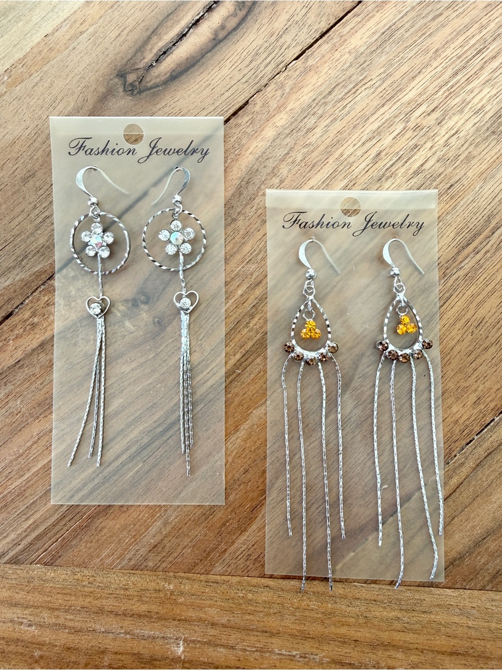 Vintage Y2K Long Rhinestone Dangle Earrings Lot of 2 Silver Tone Floral NOS